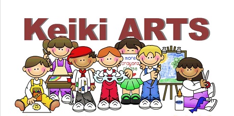 cartoon keiki holding up various art pieces