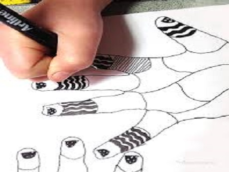zentangle drawing, handprint with fingers being design