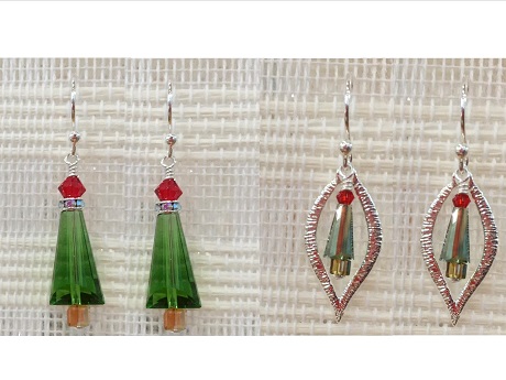 2 pairs of Christmas Tree earrings - one large tree, the other is framed small tree -