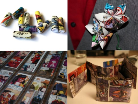 Collage of crafts made out of comic books and manga.