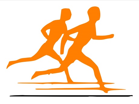 2 right-facing orange human silhouettes running