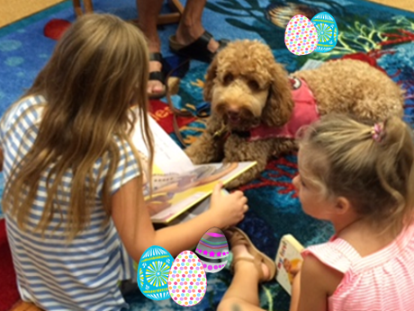 Girl reading to labradoodle