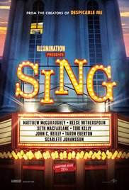 Sing movie cover, with cast name on titles on a Broadway show type display