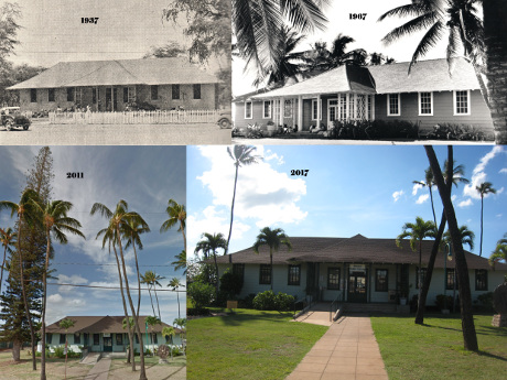 photos of Molokai Public Library from 1937, 1967, 2011, and 2017