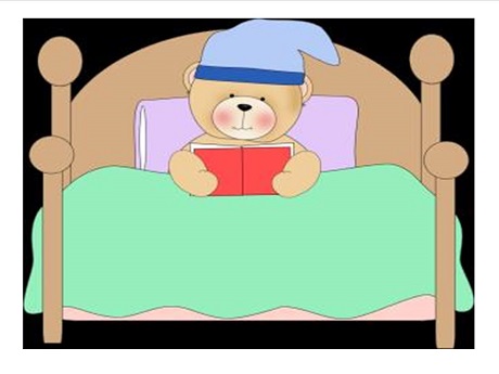 cartoon bear in bed with a book