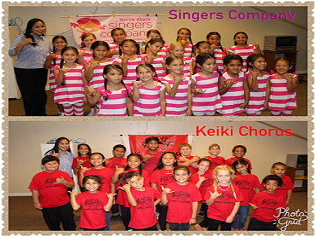 Singers company group picture with them wearing pnk and white strips and keiki chorus group picture wearing red