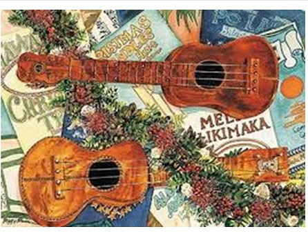 drawing of ukulele and holiday decorations