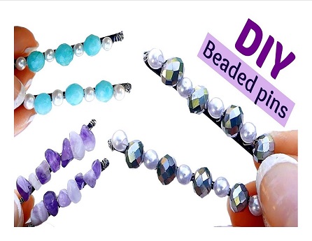 DIY beaded pins, three examples of beads glued on to bobbypins