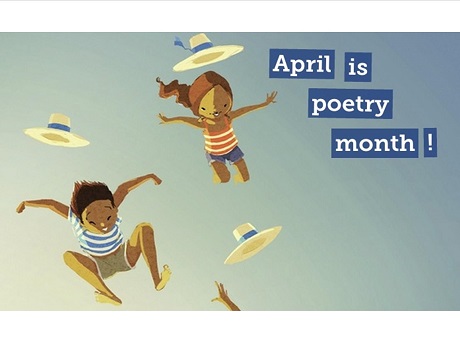 boy and girl jumping in air with hats flying, text says April is poetry month!