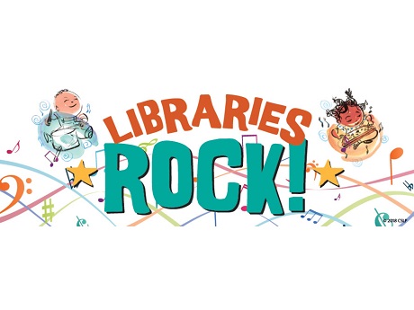 Keiki playing instruments around an orange and blue Libraries Rock! logo