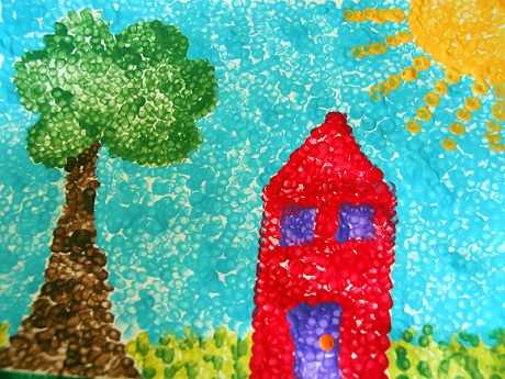 Q tip art with house, tree and sun
