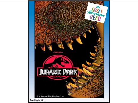 Film poster with massive mouth of Tyrannosaurus Rex biting film title