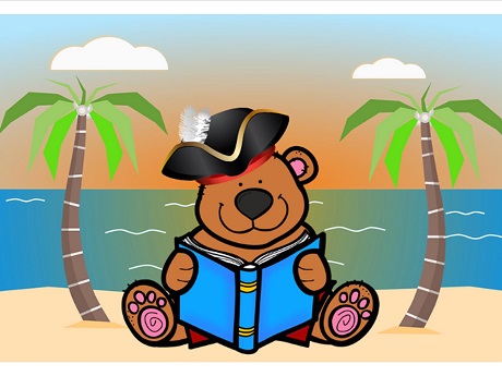 Cartoon of teddy bear in pirate hat reading a book