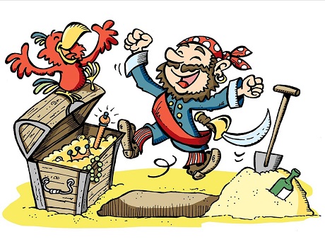 Cartoon of a pirate and treasure chest