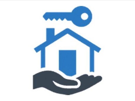 symbolic landlord-tenant image consisting of a key silhouette above a line-drawing house held in a upturned hand