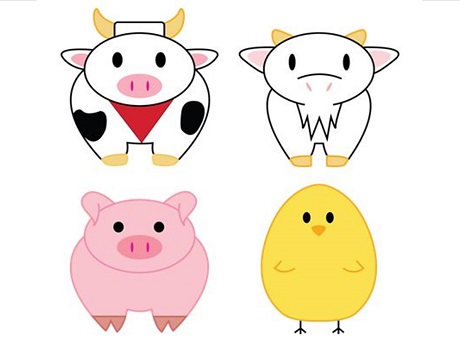 picture of bull, goat, pig and chick