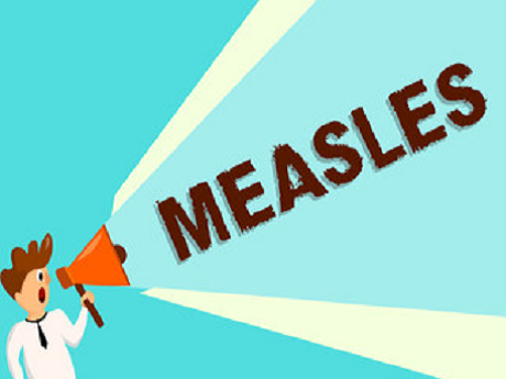 Cartoon of person with megaphone shouting "MEASLES"!