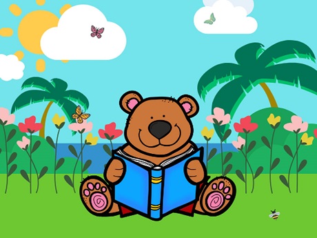 Story Time Bear on green grass with background flowers, palm trees, and ocean