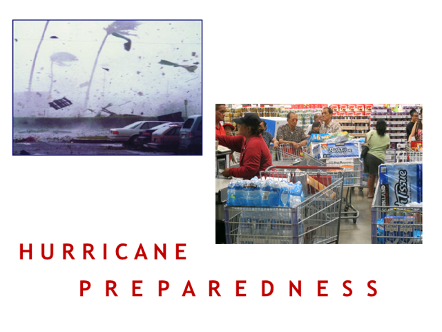 HURRICANE PREPAREDNESS with example of strong winds doing damage to a parking lot and people at Costco buying water and bath tissue