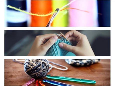 pictures of a sewing needle with thread, knitting, and crochet