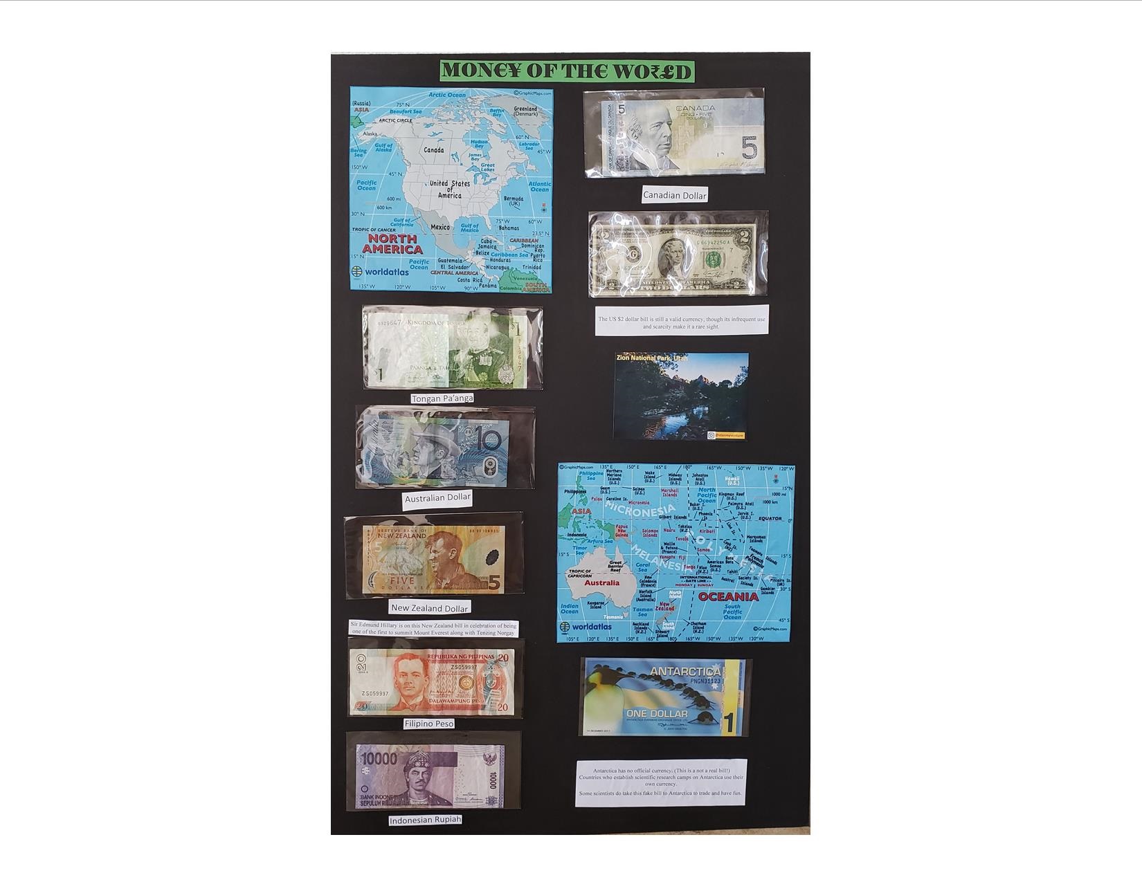 Display board titled "Money of the World" showing 8 currencies and regional maps