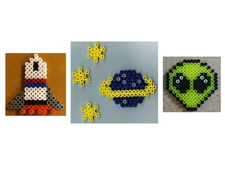 Space themed perler bead creations: rocket, planet and stars, and alien