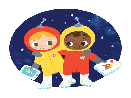 Two astronaut children being friends and holding books