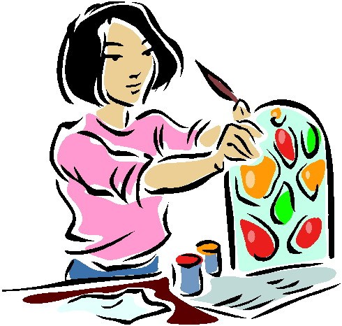 cartoon drawing of a person painting with orange, red, and green pallet