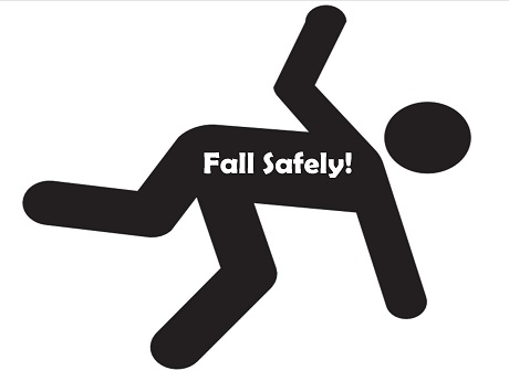 silhouette image of person falling with white lettering on torso that says "fall safely"