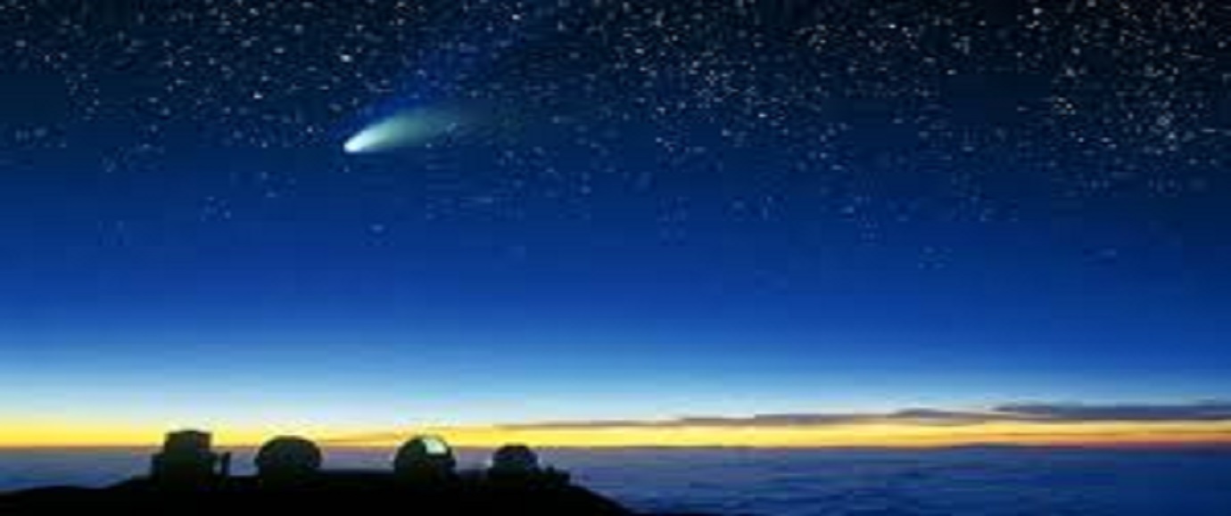 night view of Mauna Kea observatories with a shooting star in the background