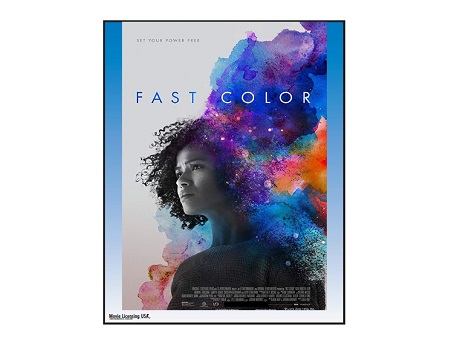 Fast Color film poster image of a woman surrounded by bright purple and orange smoke