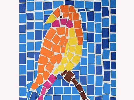 tissue mosaic of a orange, yellow, pink bird on a blue background