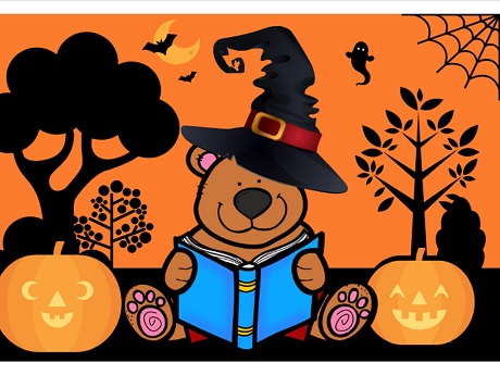 Spooky Story Time Bear in Witch Hat for Halloween