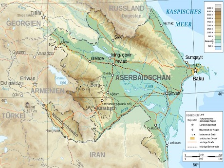 map showing Azerbaijan area, next to Iran, Turkey, Armenia, Georgia and Russia