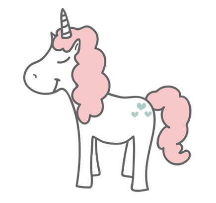 White unicorn with fluffy pink mane.