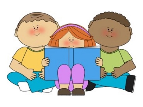 three children reading a book