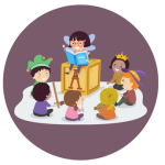 Six children listen to another child reading a cook