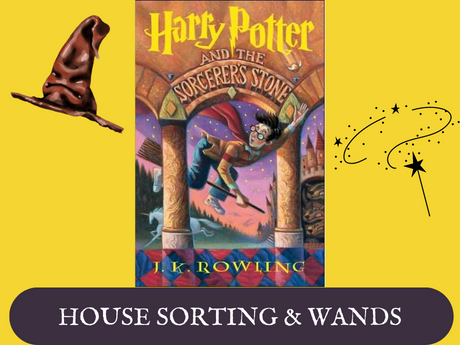 Cover art of Harry Potter and the Sorcerer's Stone, a wand with stars, the sorting hat.