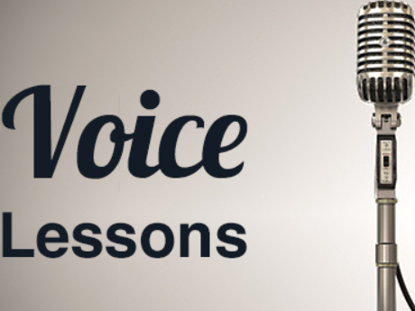 A microphone on the right; the words, "Voice Lessons," on the left.