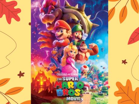 The Super Mario Bros. Movie DVD cover in front of fall leaves background.