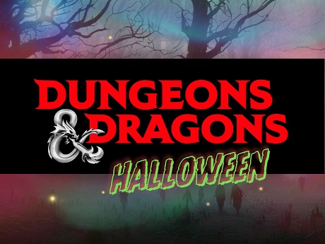 Dungeons and Dragons logo Halloween theme with haunted graveyard and wraith figures in background