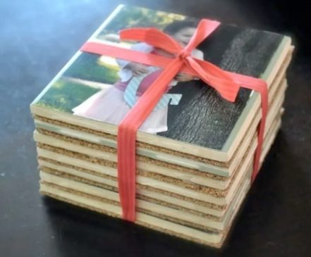 family photo coasters tied by a ribbon