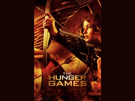 Hunger Games movie poster with Katniss aiming a bow and arrow