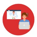 Red circle with a woman on a laptop and a doctor on a screen above. Represents a telehealth session with a doctor.