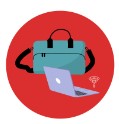 A red circle with a blue bag with black handles and a laptop and wifi signal. Representing a telehealth tech kit