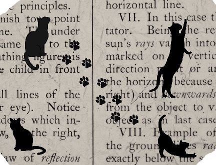 Silhouette cats and paw prints over an old book leaf.