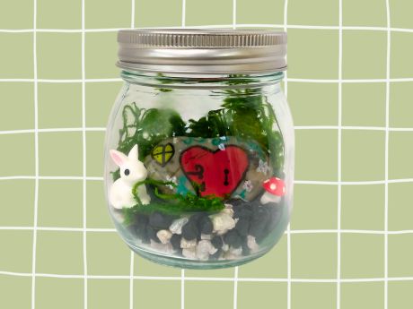Fairy garden in a glass jar on green check background.