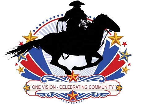 rodeo rider on horse with slogan "one vision - celebrating community"