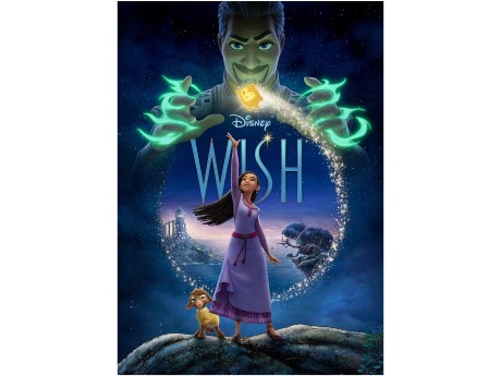 Movie poster for Disney's Wish; young girl in purple dress, star flying around her.