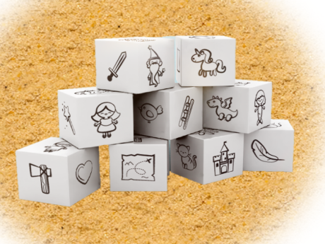 story cubes on sand